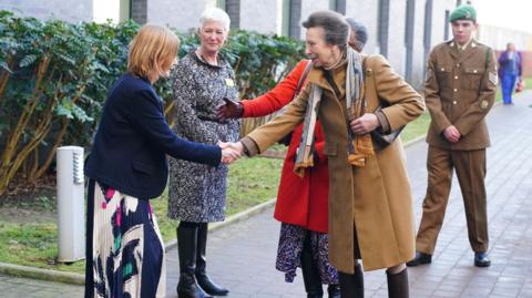 Princess Anne shaking hands with staff at Southmead Hospital