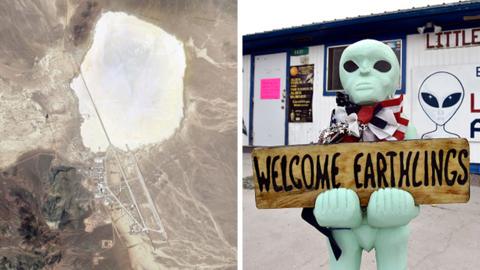 A satellite image of Area 51 and an alien-like statue outside a hotel in Rachel, Nevada