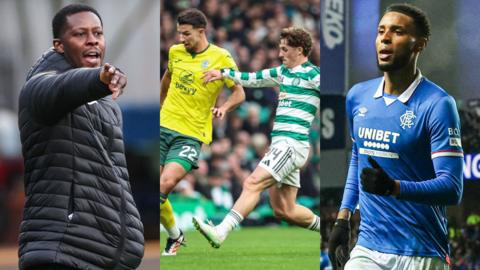 Livingston's Marvin Bartley, Hibernian's Dan Barlaser, Celtic's Luke McCowan and Rangers' Youssef Chermiti