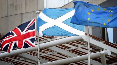 Union Jack, Saltire and European flag fly outside the Scottish Parliament