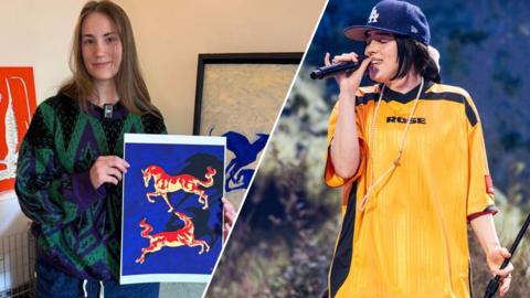 This is a split image showing the Bristol artist who sold her image to Billie Eillish. Billie Eillish is shown holding a microphone on the right side of the image.