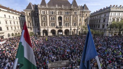 Demonstrators at the building of the Hungarian State Opera in downtown Budapest, Hungary on 14 April 2018