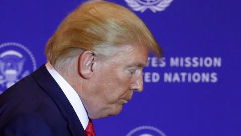 President Donald Trump ends a news conference in New York on September 25, 2019