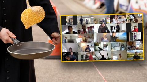 Man flipping a pancake alongside a Zoom video call