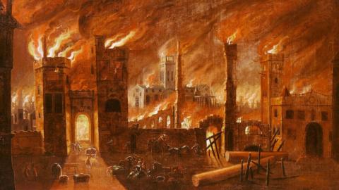 Oil painting on canvas of fire seen at Newgate