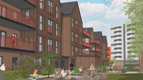 A computer generated image of brown brick apartments with pointed roofs and red metal balconies. There are pathways on the ground below with grass and shrubbery. 