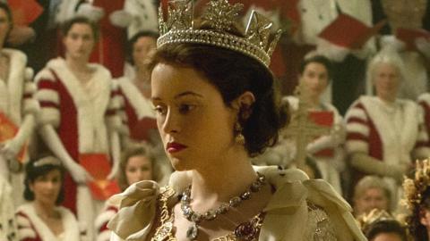 Claire Foy playing the Queen at her coronation in The Crown