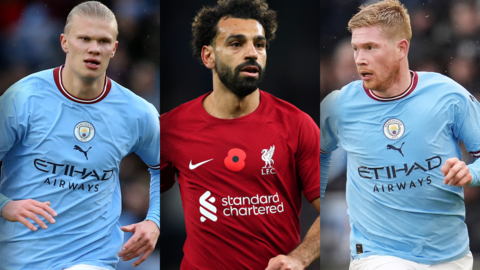 Erling Haaland (left), Mohamed Salah (centre) and Kevin de Bruyne (right)