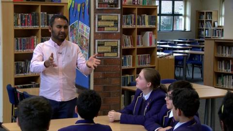 Media editor Amol Rajan talks to Year 8 and 9 pupils Milton Keynes, in a school library