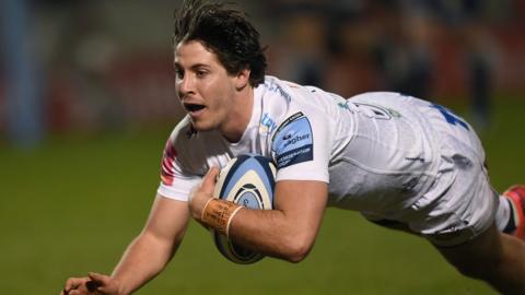 Exeter wing Facundo Cordero dives over to score the first Exeter try during the Gallagher Premiership Rugby match between Sale and Exeter Chiefs