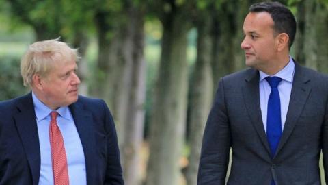 Boris Johnson and Leo Varadkar walking in the grounds of Thornton Manor