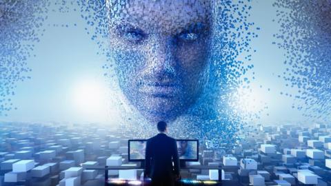 AI face with man standing by computers