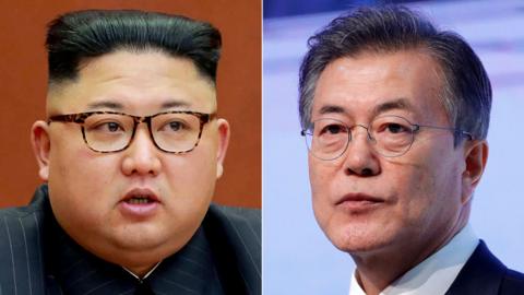 A composite image showing South Korean President Moon, left, and North Korean leader Kim Jong-un, right