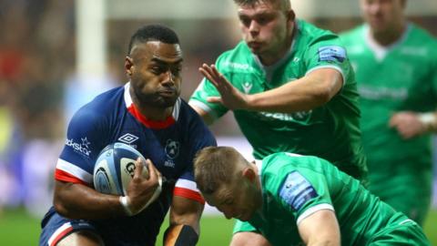 Bristol's Siva Naulago is tackled by Jamie Blamire and Tom Penny of Newcastle