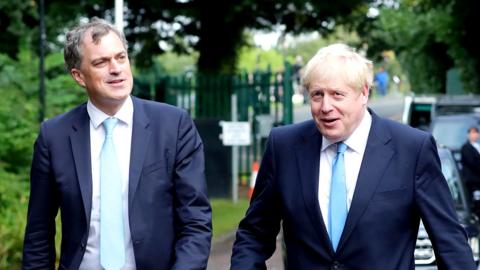 NI Secretary Julian Smith with Prime Minister Boris Johnson as he arrived at Stormont