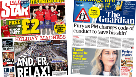 The Star front page pictures queues at Dover amid travel disruption, while the Guardian reports on changes introduced by the prime minister to the ministerial code