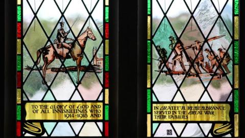 A stained glass window in St Macartin's Cathedral in Enniskillen commemorating the Inniskilling Regiments who fought in the First World War