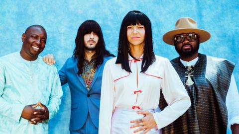 Vieux Farka Touré (left) with the members of Khruangbin: Mark Speer, Laura Lee and Donald Johnson