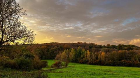 Green fields in the foreground and trees in autumnal browns and oranges behind and the setting sun casts orange hues into a sky filled with brown/grey clouds with some blue patches