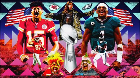 Super Bowl image featuring Patrick Mahomes, Rihanna and Jalen Hurts