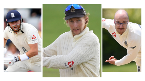 Left to right: Jonny Bairstow, Joe Root and Jack Leach