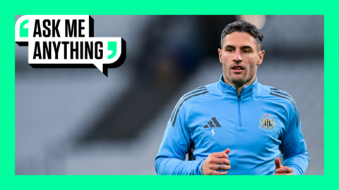 Fabian Schar during a warm-up before a Newcastle game. The image is surrounded by a green border with 'Ask Me Anything' in the top corner.