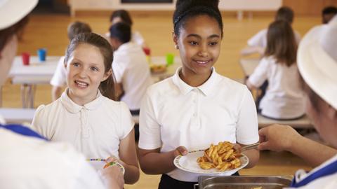 Two girls in school meal queue