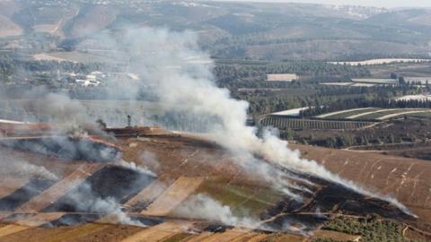 Smoke rises from shells fired from Israel in Maroun Al-Ras village, southern Israel. Photo: 1 September 2019