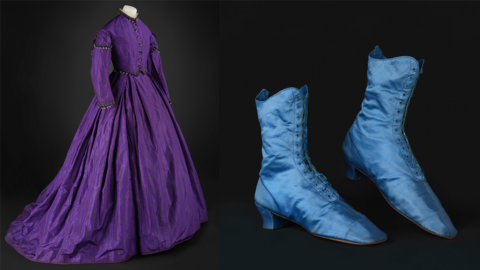Purple day dress from the late 1860s and blue woman’s boots from the 1870s