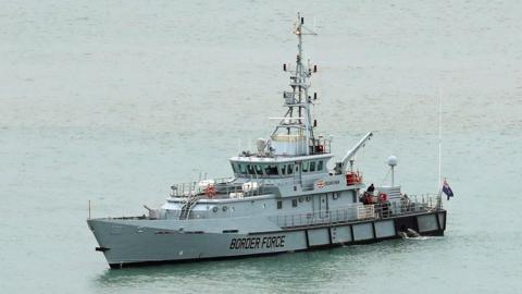 HMC Searcher, one of four cutter ships patrolling UK waters, at the Port of Dover in Kent