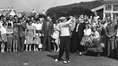 September 1959: Dwight D Eisenhower playing at Turnberry golf course, during a weekend stay at Culzean Castle, Ayrshire