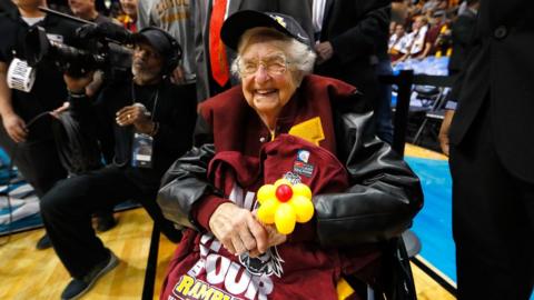 Sister Jean celebrates her team win after defeating Kansas State Wildcats last weekend