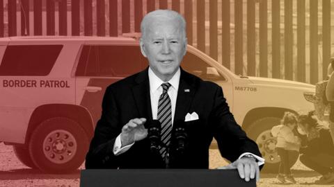 Biden image over border wall photo