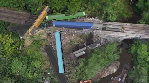 A visualisation released by investigators shows how a ScotRail train crashed after hitting a landslip in August 2020.