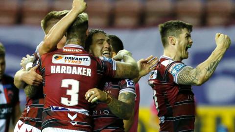 Wigan celebrate Sam Powell's try