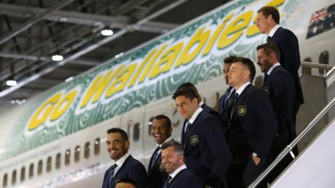 Australia's rugby union team on a Qantas plane