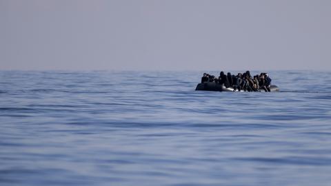 An inflatable dinghy carrying around 65 migrants crosses the English Channel on 6 March 2024 in the English Channel