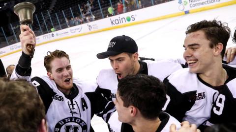 Union College team celebrate winning the Belpot Trophy after defeating Boston University in the Friendship Four