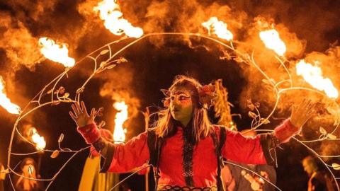 A member of the Beltane Fire Society takes part in the Samhuinn Fire Festival in Edinburgh