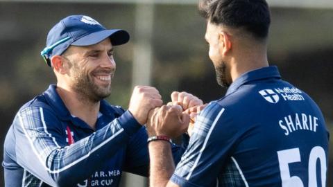 Scotland's Kyle Coetzer and Safyaan Sharif celebrate