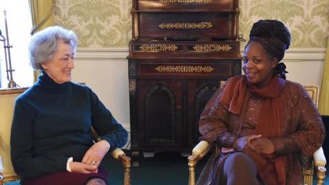 Lady Susan Hussey meeting Ngozi Fulani in Buckingham Palace, London