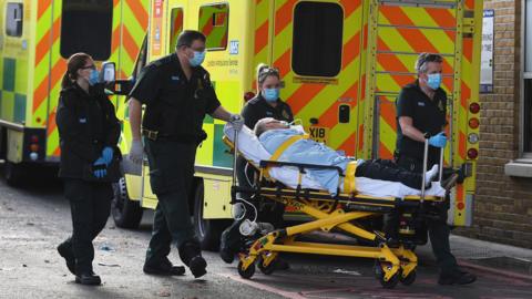 NHS Ambulance staff outside a hospital in London, Britain, 28 November 2022