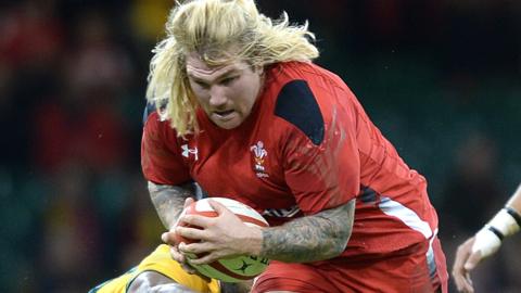 Richard Hibbard carries the ball for Wales against Australia