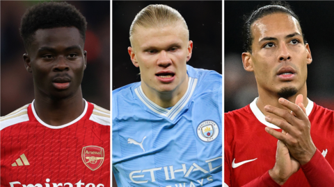 Left to right split graphic: Arsenal's Bukayo Saka, Manchester City's Erling Haaland and Liverpool's Virgil Van Dijk