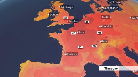 BBC Weather map showing heat across UK & Europe