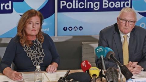 Policing Board Chair Deirdre Toner and Board Vice Chair Edgar Jardine during a press conference on Tuesday August 22, 2023.