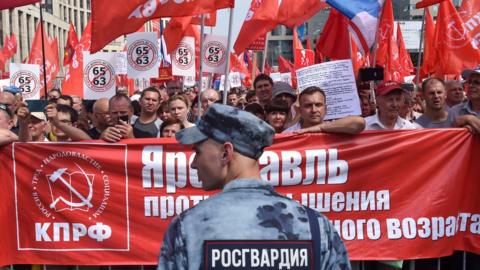 Russian Communist party supporters along with activists of the country's left-wing movements rally against a government proposal to raise the pension age, Moscow, 28 July 2018