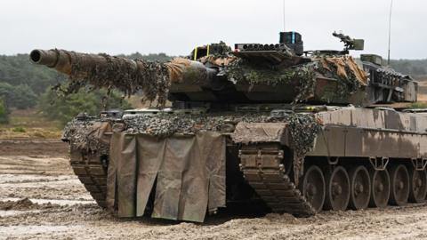 A Leopard 2 tank at a training ground in Augustdorf, Germany