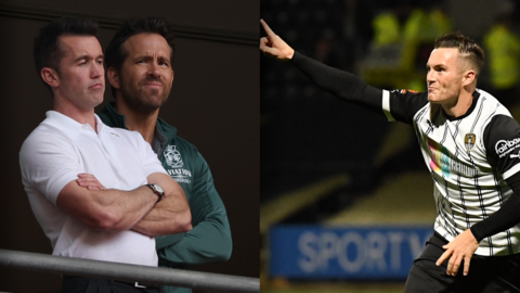 Split image of Wrexham owners Rob McElhenney and Ryan Reynolds, and Notts County striker Macaulay Langstaff