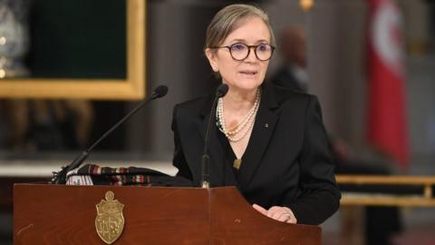 Najla Bouden speaks during a press conference as she announces the formation of the new government at the Presidential Palace of Carthage in Tunis, Tunisia on October 11, 2021.